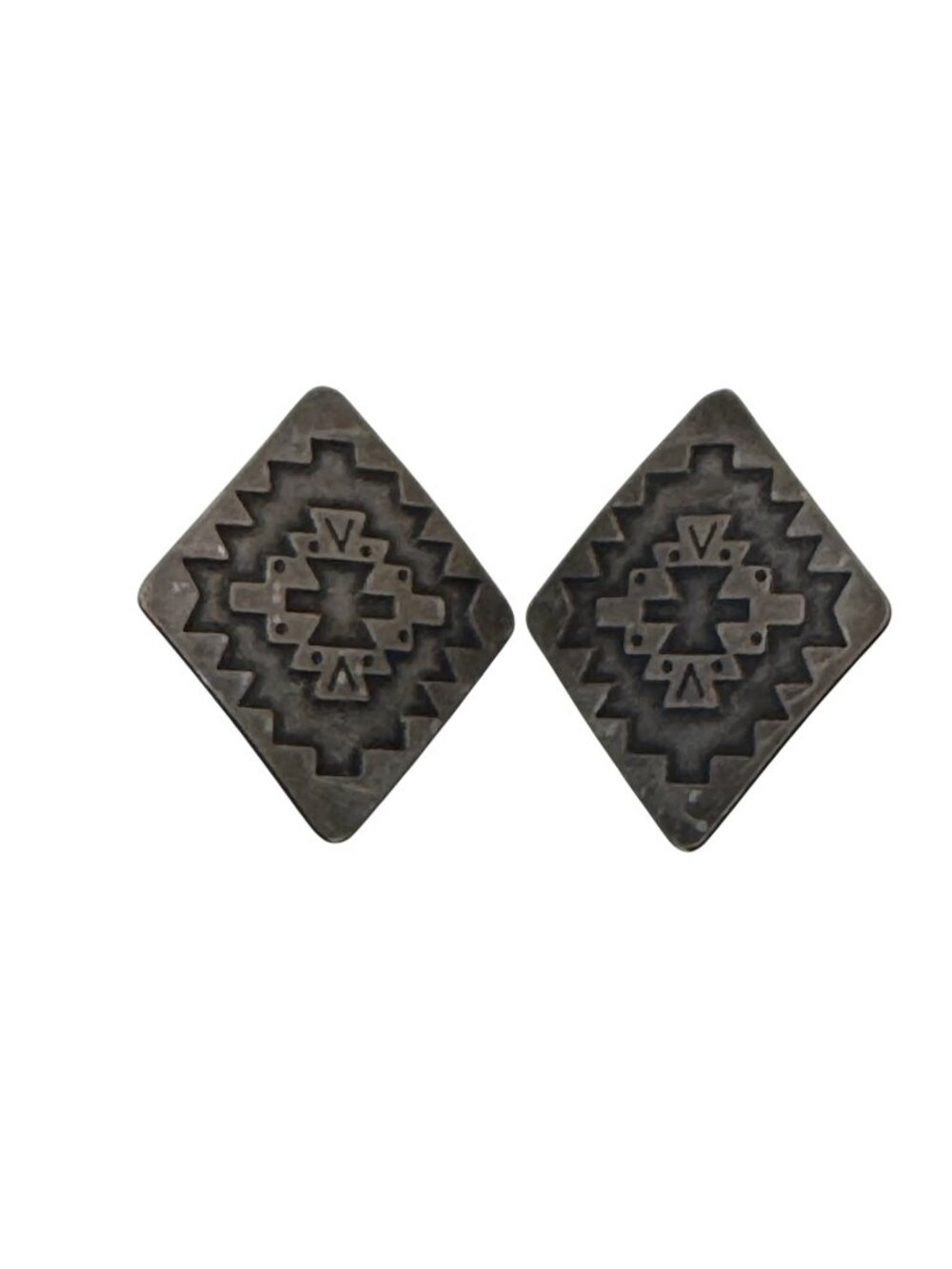 Southwestern Tribal Sterling Silver Square Aztec Signed Clip-On Earrings Vintage